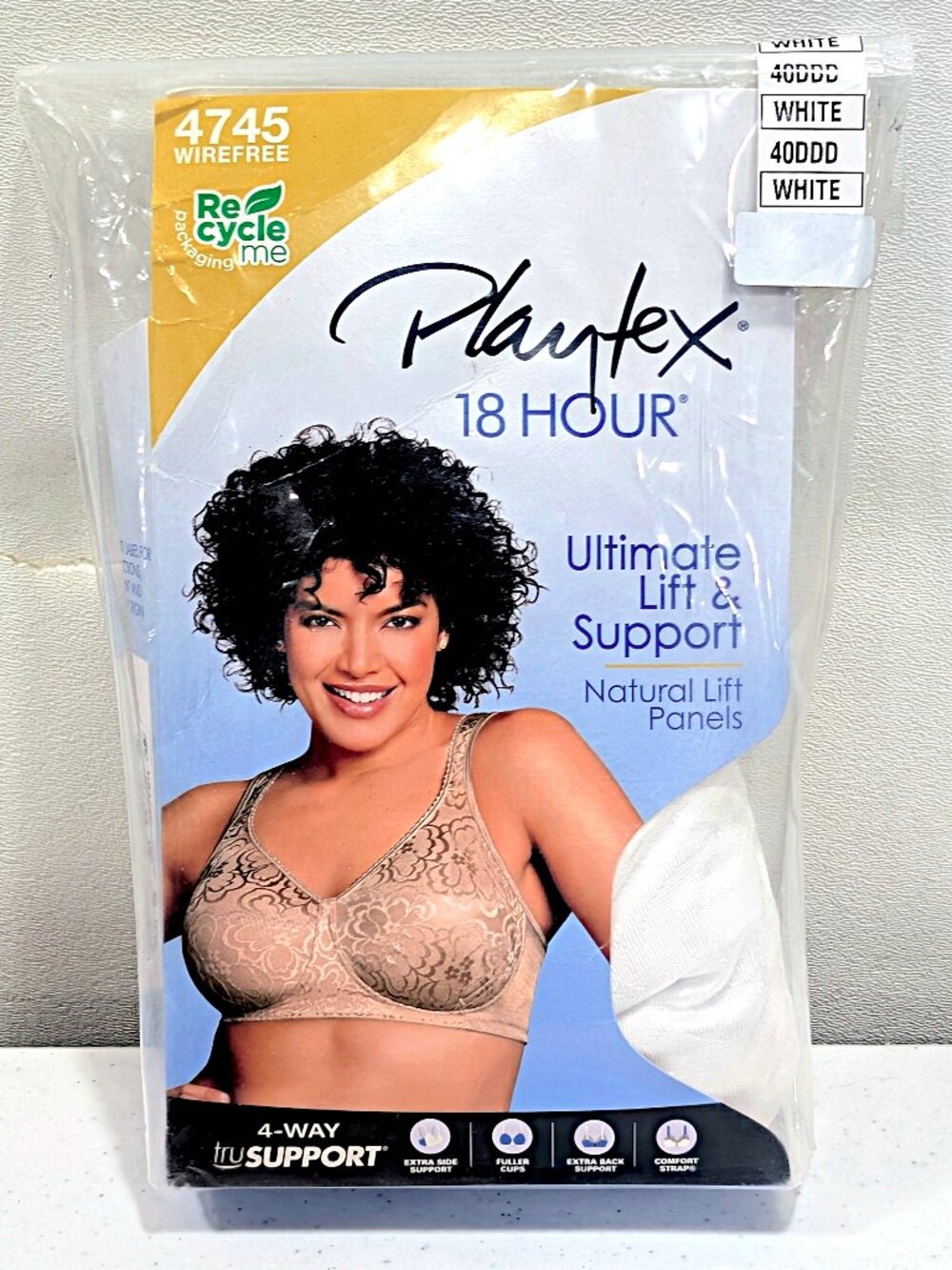 Playtex 18 Hour 40DDD White Wireless Lift and Support Bra 4745